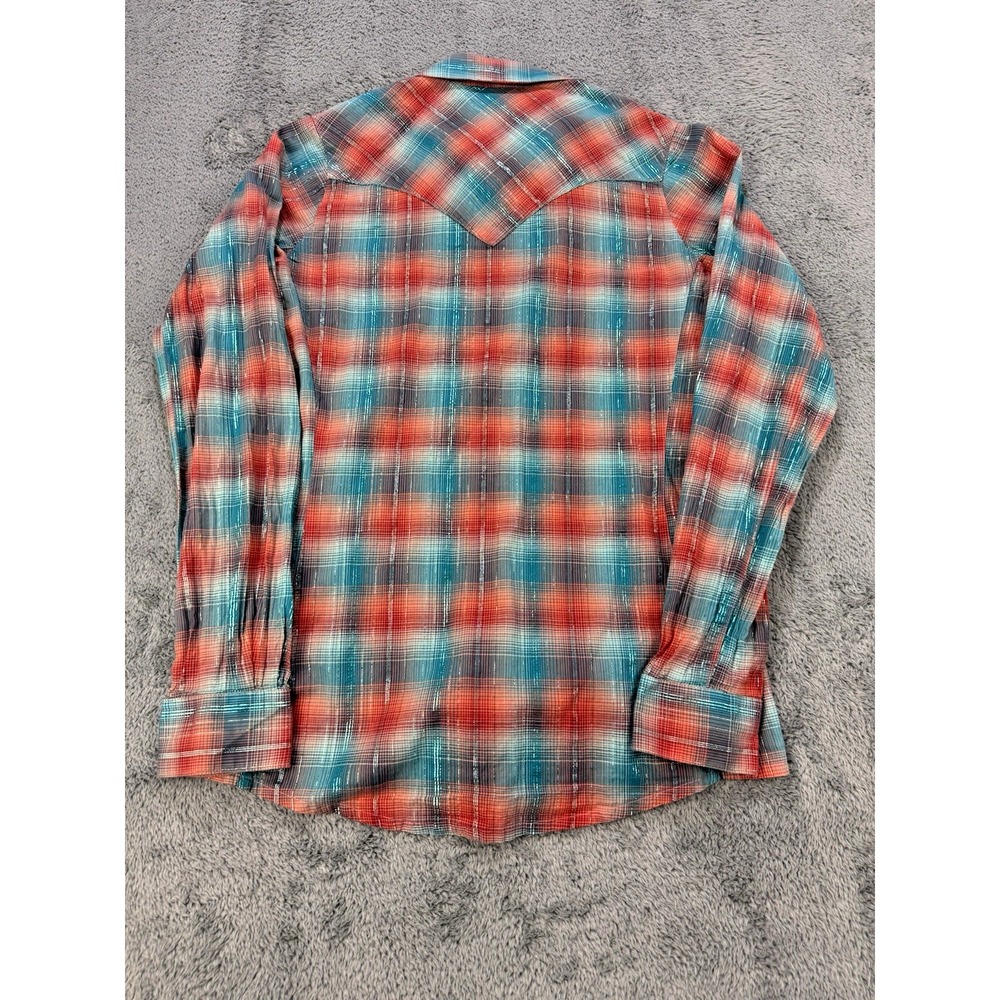 Wrangler Button Up Shirt Women S Rust Blue Metallic Plaid Embellished Cowboy - Picture 3 of 7